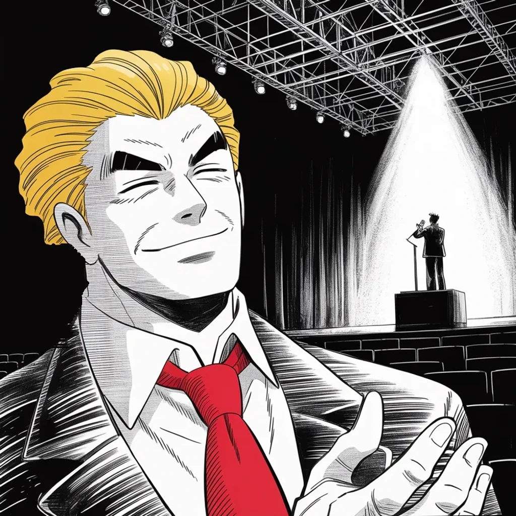 Manga panel 2 of 5, Week 457 “The Nominee”: Applause rises toward the podium light where a slender figure speaks: the party's new co-chair is family now, and the machinery answers to the name.