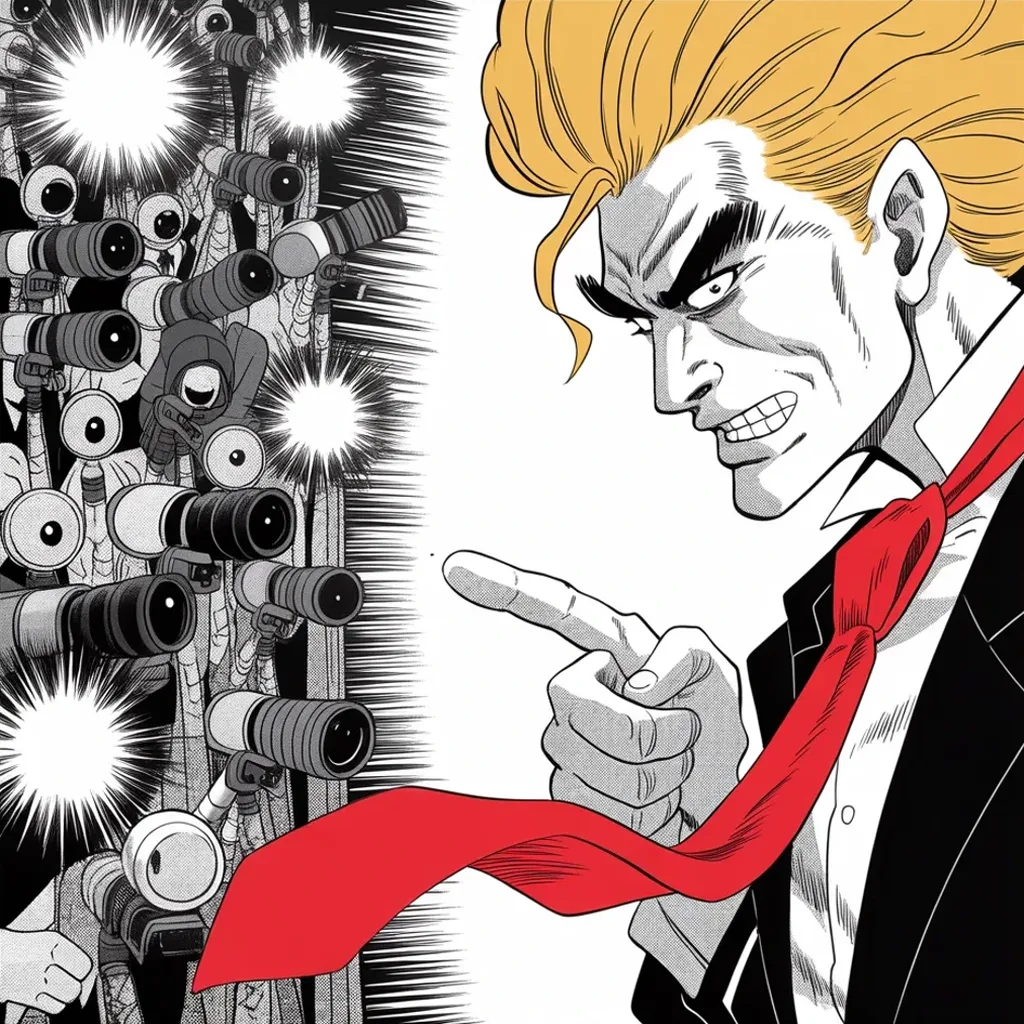 Manga panel 3 of 5, Week 457 “The Nominee”: A finger jabbed down at the lens-faced press pen: the weekend's word was bloodbath, and Monday is spent fighting it.