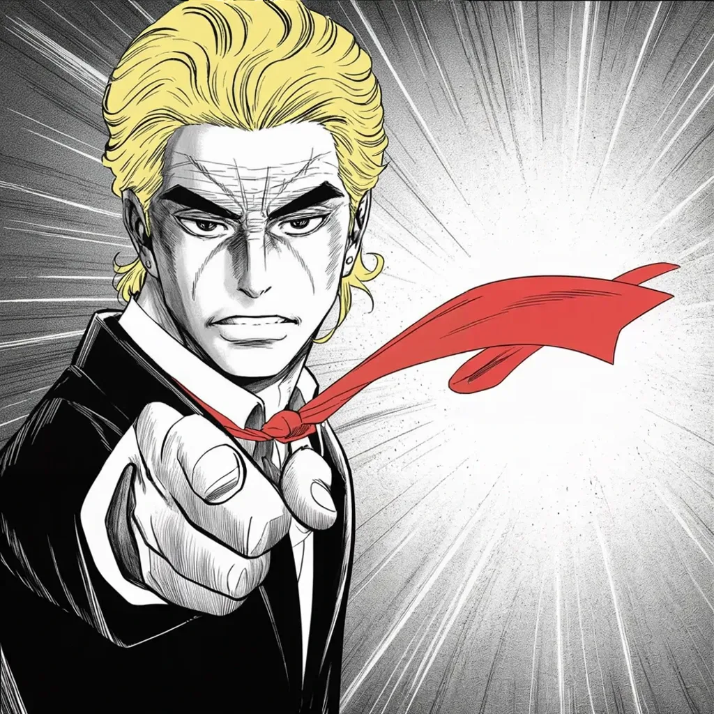 Manga panel 4 of 5, Week 457 “The Nominee”: Pointing dead at the viewer, mane haloed: the challenge goes out at noon — anytime, anywhere, anyplace.