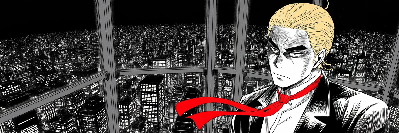 Manga panel 5 of 5, Week 457 “The Nominee”: Half-turned from the tower glass above the city: thirty bond companies have said no to half a billion — and none of it slows the march to the rematch.