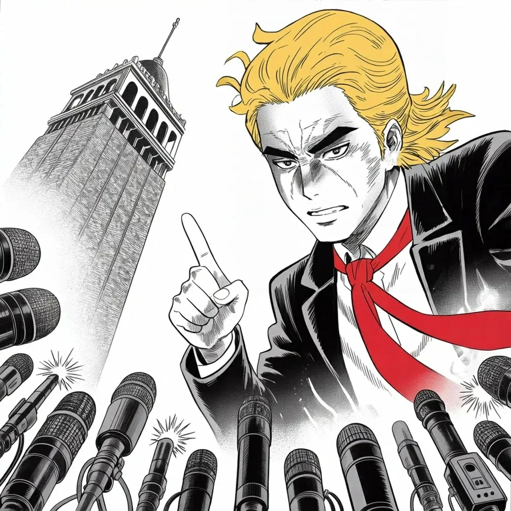 Manga panel 3 of 5, Week 458 “The Bond”: A finger jabbed down at the lens-faced press: no trial, no jury, no crime, no victim — the war-cry of the bond week.