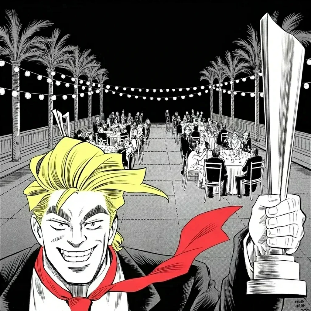 Manga panel 4 of 5, Week 458 “The Bond”: Awards night at his own club, a trophy in each hand: the bond hunt pauses for golf, and he wins both cups.