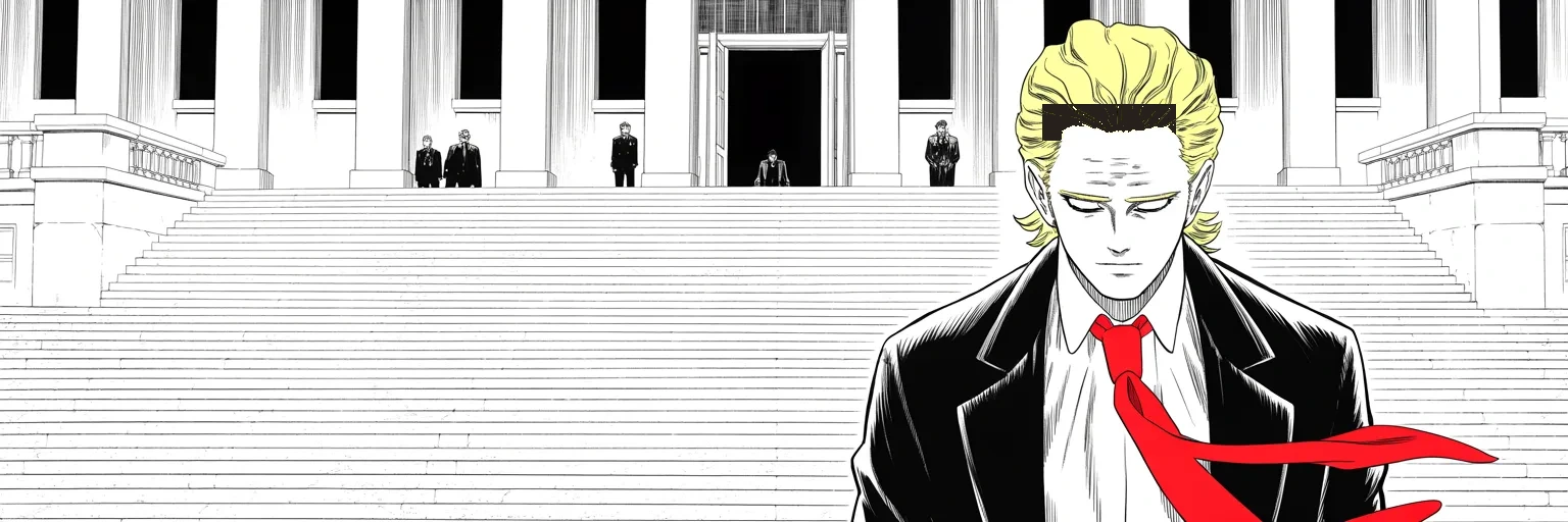 Manga panel 5 of 5, Week 458 “The Bond”: Down the courthouse steps with a psalm in hand: the appeals court cuts the bond to $175 million, and the criminal trial date holds — April 15.