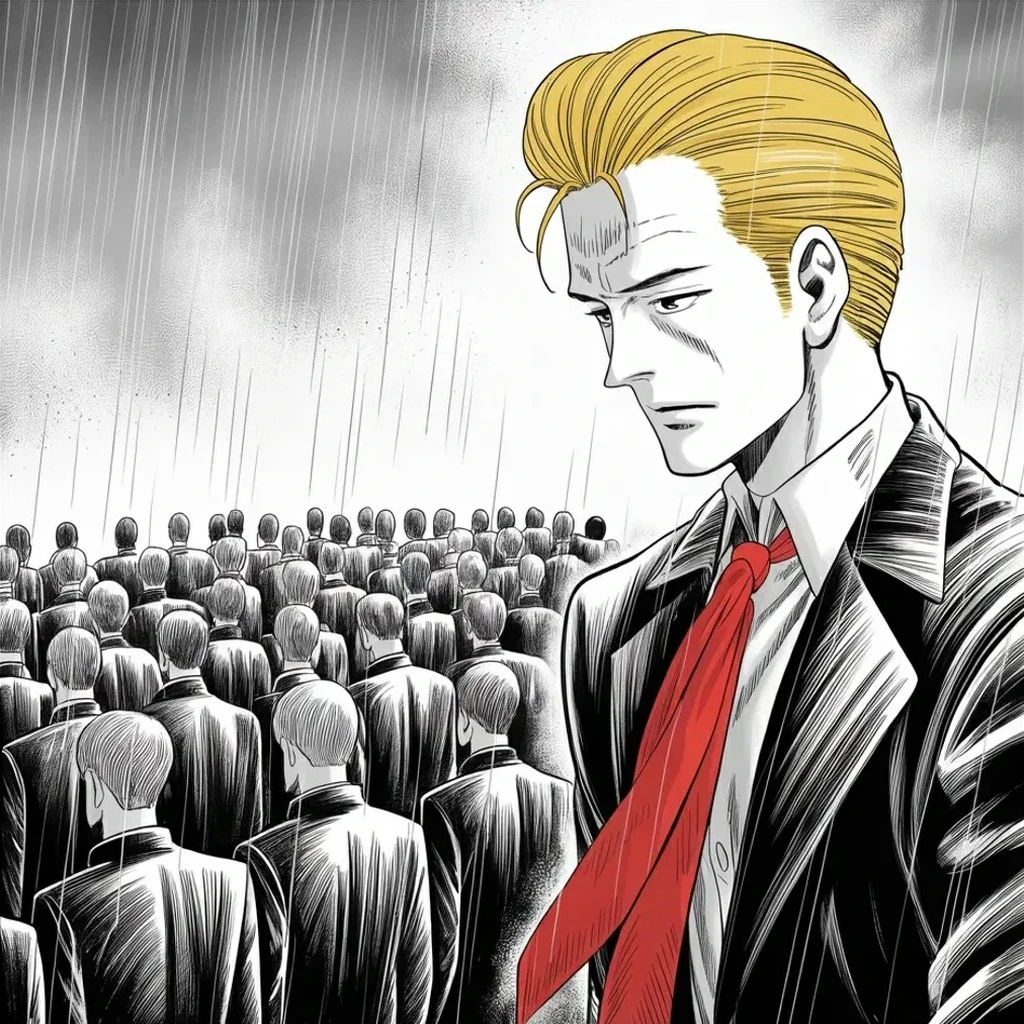 Manga panel 3 of 5, Week 459 “The Ticker”: Bare-headed in the rain at a murdered officer's wake, the campaign silent for an afternoon among the uniformed rows.