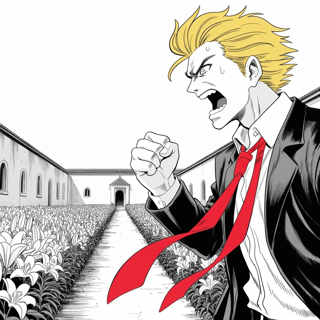 Manga panel 4 of 5, Week 459 “The Ticker”: Easter morning among the lilies — and the holiday greeting names the prosecutors and judges he despises before it blesses anyone.
