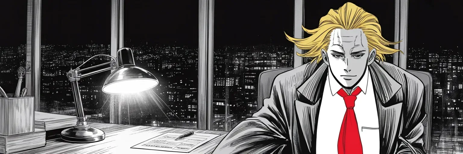 Manga panel 5 of 5, Week 459 “The Ticker”: Near midnight the pen goes down: the $175 million bond is posted, wired against a judgment he calls a con job. Fourteen days to trial.