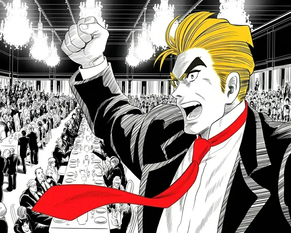Manga panel 2 of 4, Week 460 “The Black Sun”: One dinner, fifty million dollars: the biggest fundraising night ever recorded, called in from a gilded ballroom.