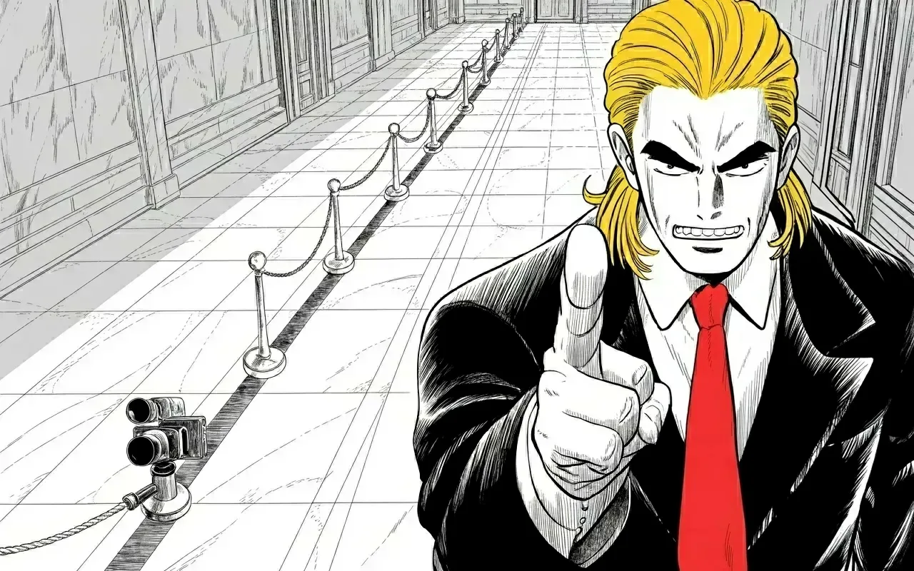 Manga panel 3 of 4, Week 460 “The Black Sun”: At the hallway camera the complaint is the gag itself: he is not allowed to talk, so he talks about that.