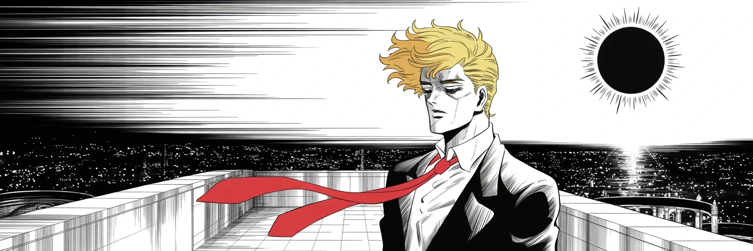 Manga panel 4 of 4, Week 460 “The Black Sun”: Midday goes dark under a black sun ringed in thin fire: the eclipse crosses the country with the trial seven days out.
