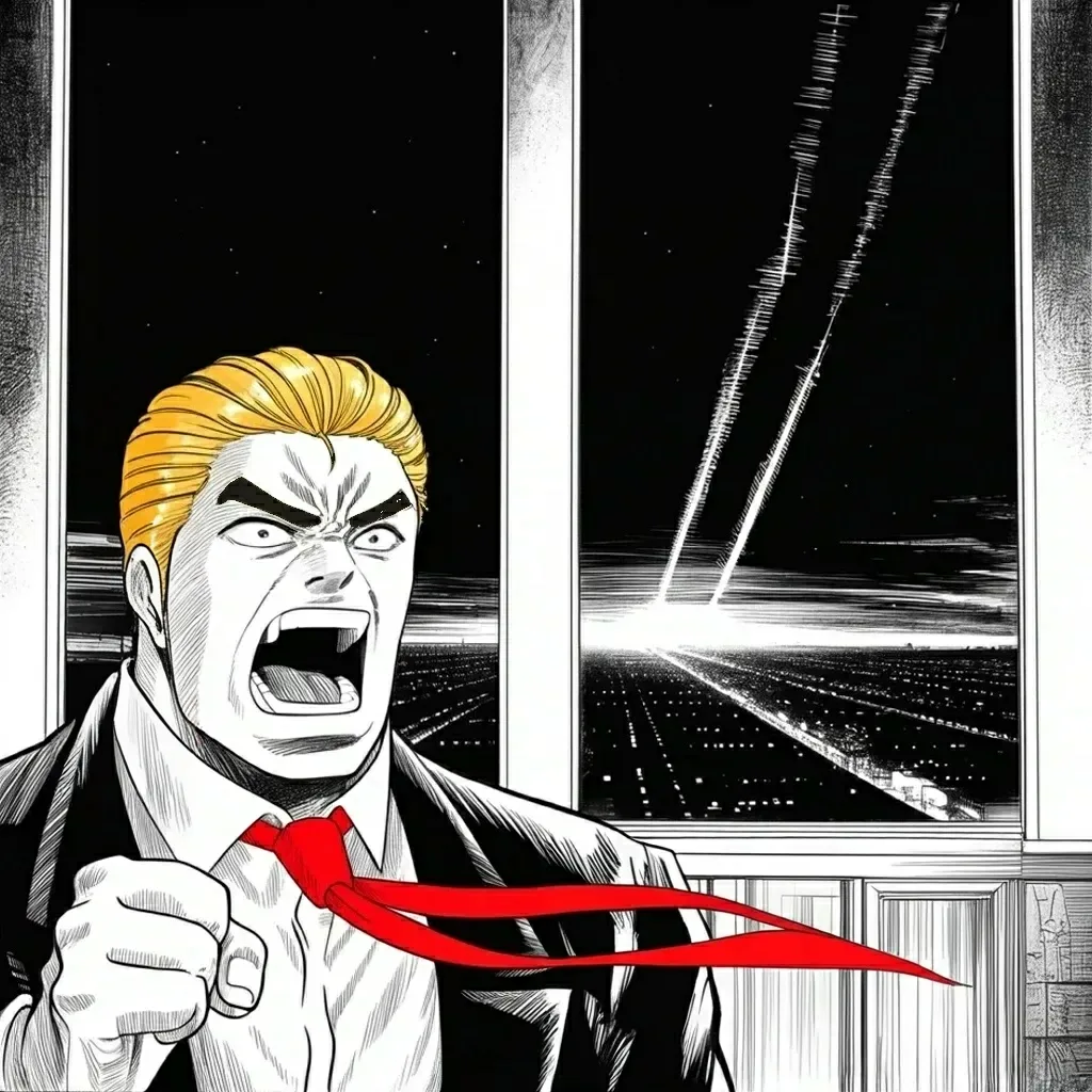 Manga panel 2 of 5, Week 461 “The First Day”: Fire trails climb a distant night sky: drones and missiles cross toward Israel, and he roars that it would never have happened on his watch.