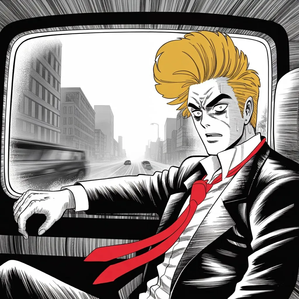 Manga panel 4 of 5, Week 461 “The First Day”: Behind the motorcade glass on the first morning of trial, a father's grievance rides along: the court may cost him his son's graduation.