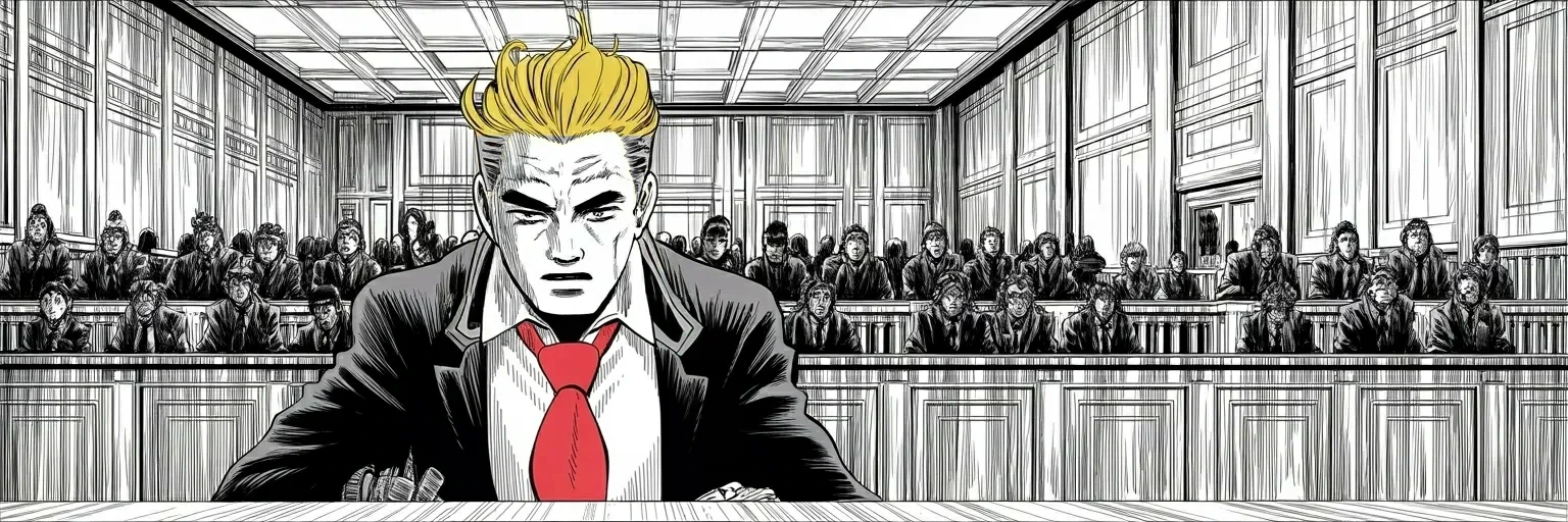 Manga panel 5 of 5, Week 461 “The First Day”: Small at the defense table in a vast panelled room: the first criminal trial of a former president opens, and jury selection begins.