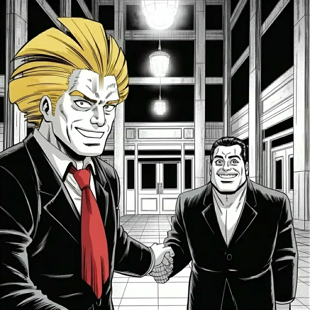 Manga panel 2 of 5, Week 462 “Twelve Citizens”: A handshake under the tower's brass doors: a European president calls at the defendant's home, because the world hedges its bets now.