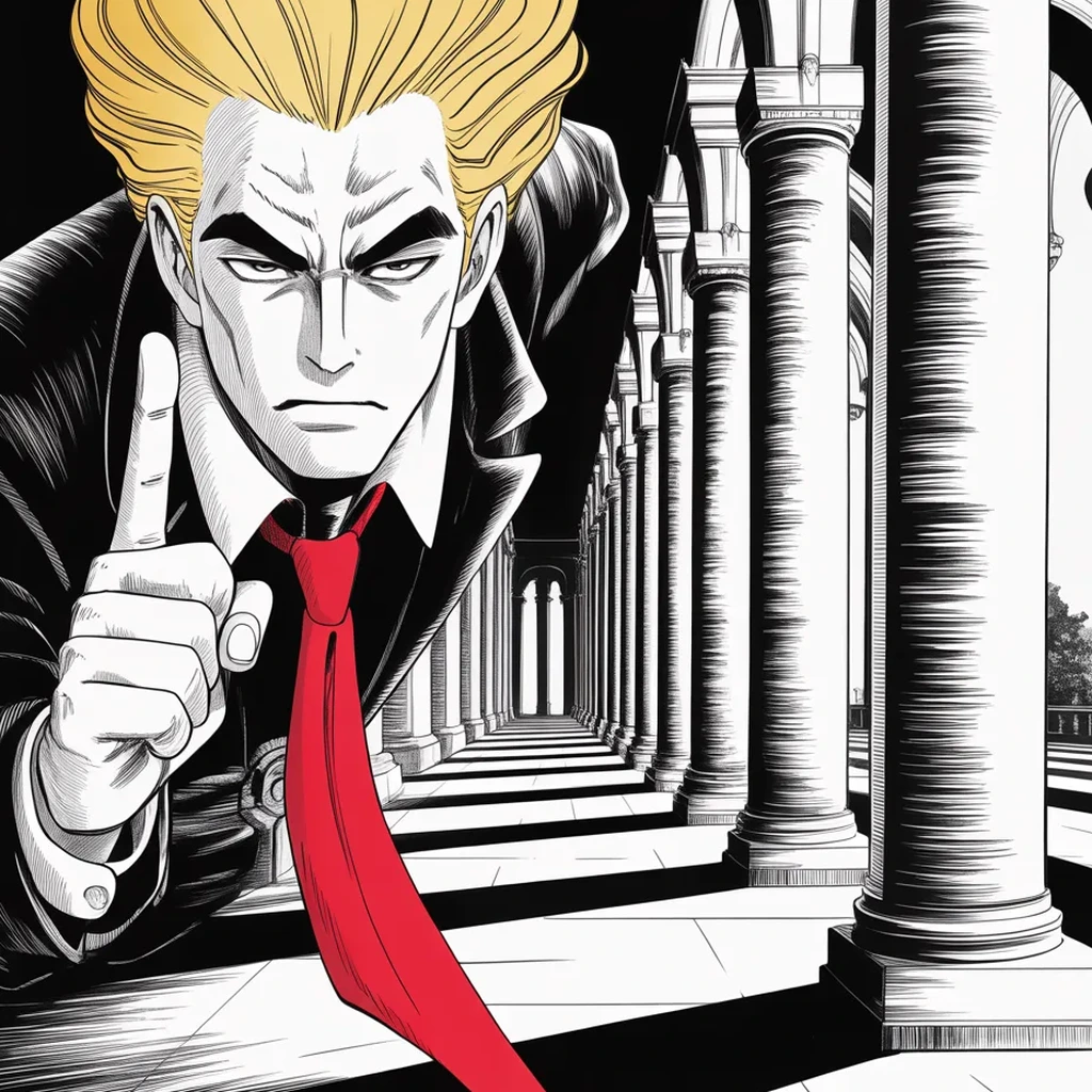 Manga panel 3 of 5, Week 462 “Twelve Citizens”: A warning under marble columns: take away my immunity and you take away his too. Nine justices will hear the question within the week.