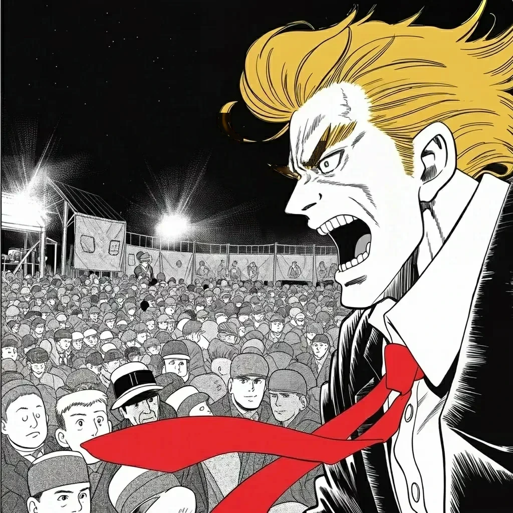 Manga panel 4 of 5, Week 462 “Twelve Citizens”: The court week ends at a fairground roar in North Carolina: remove the gag order — what do you have to hide?