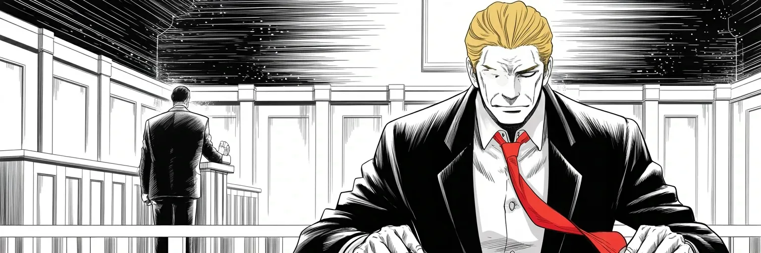 Manga panel 5 of 5, Week 462 “Twelve Citizens”: Opening statements: the People call it a cover-up, the defense calls it stories, and the first witness called is a tabloid publisher.