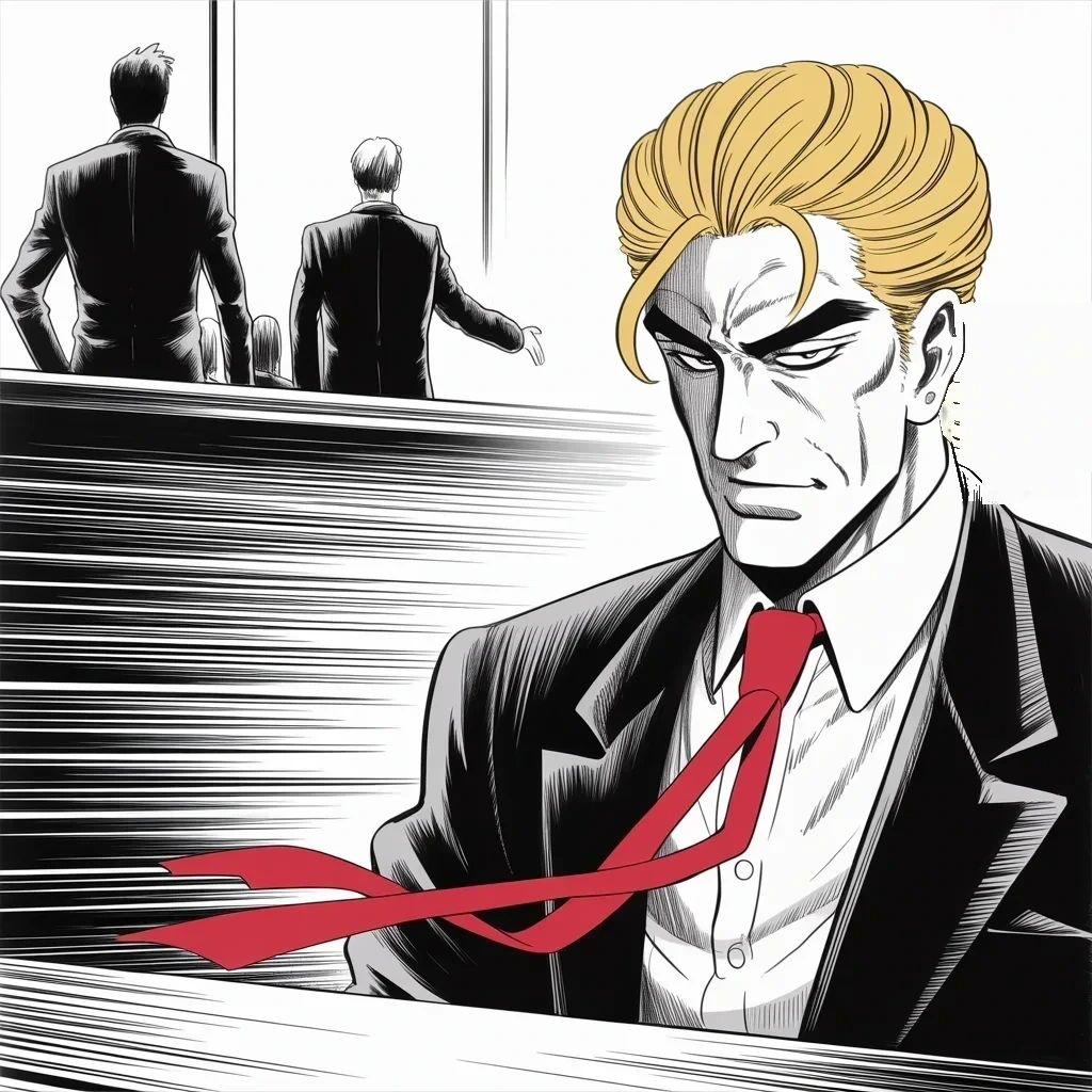 Manga panel 2 of 5, Week 463 “Catch and Kill”: The People ask the judge to hold him in contempt — ten posts the gag forbade, a thousand dollars each — and he wears his disdain openly at the table.
