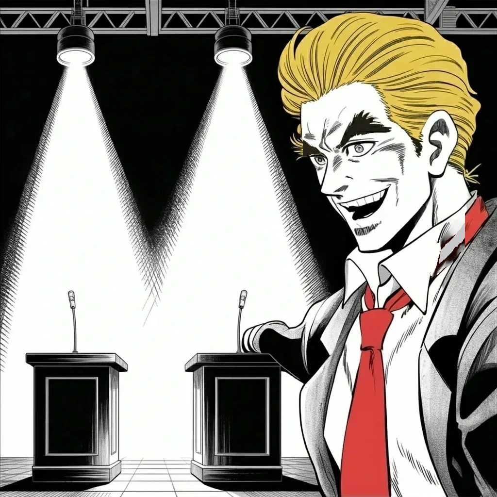 Manga panel 4 of 5, Week 463 “Catch and Kill”: One podium filled, one empty in shadow: the other side says the word debate, and he answers — anywhere, anytime, anyplace.