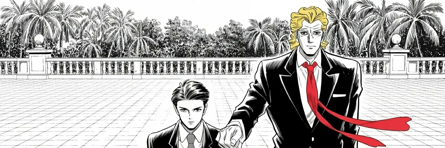 Manga panel 5 of 5, Week 463 “Catch and Kill”: A handshake on a sunlit terrace: peace with the governor he spent a year breaking. The party has one head now.