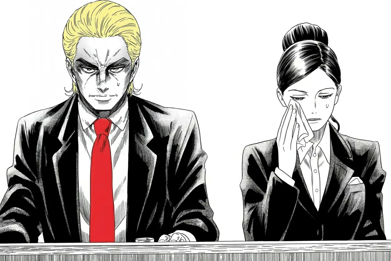 Manga panel 2 of 4, Week 464 “Contempt”: An aide from the first campaign weeps on the stand. He watches without moving: the gag order means he may not say one word about her.