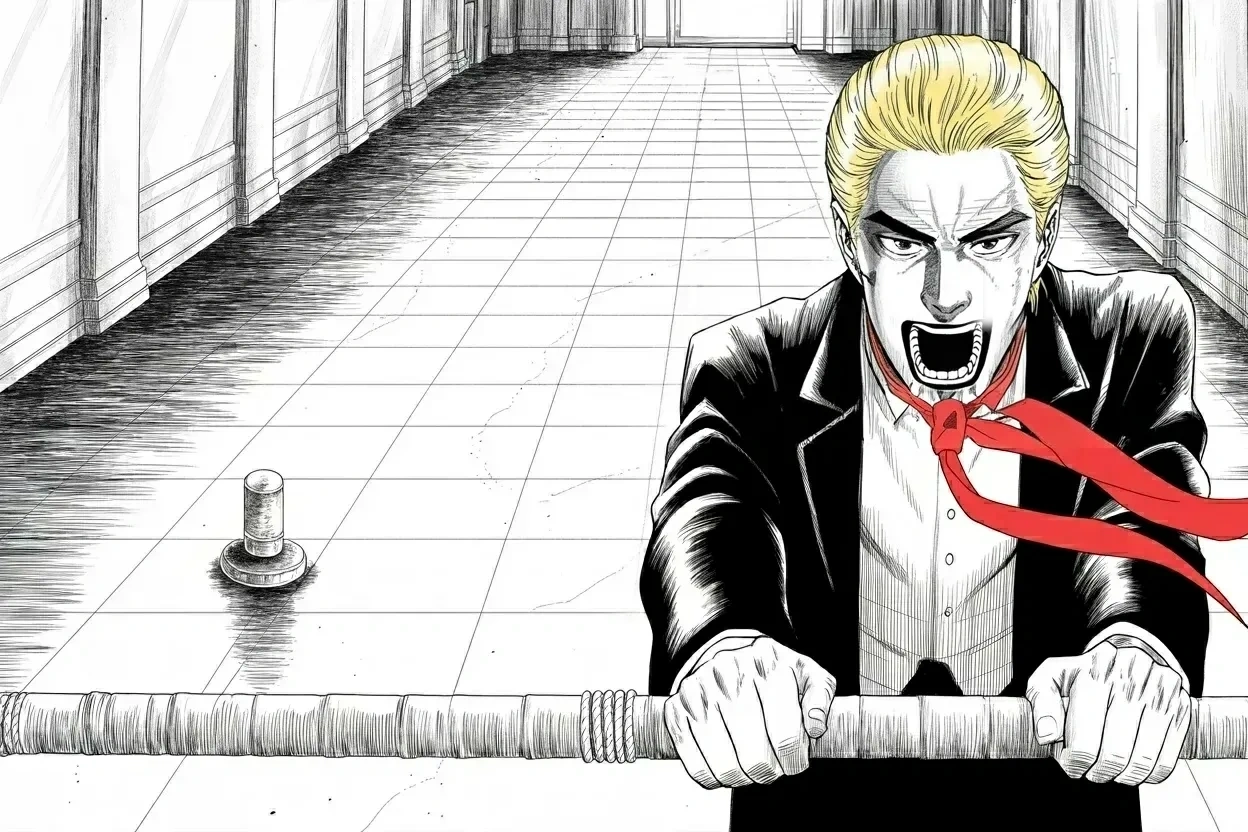 Manga panel 3 of 4, Week 464 “Contempt”: The weekend belongs to the hallway camera: no case, he roars — every great legal scholar says so.