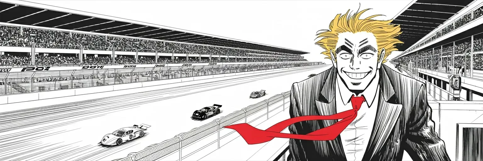 Manga panel 4 of 4, Week 464 “Contempt”: One Sunday of engines instead of lawyers: the Grand Prix roars below while a tenth violation waits on Monday's docket — and the judge says the word jail.