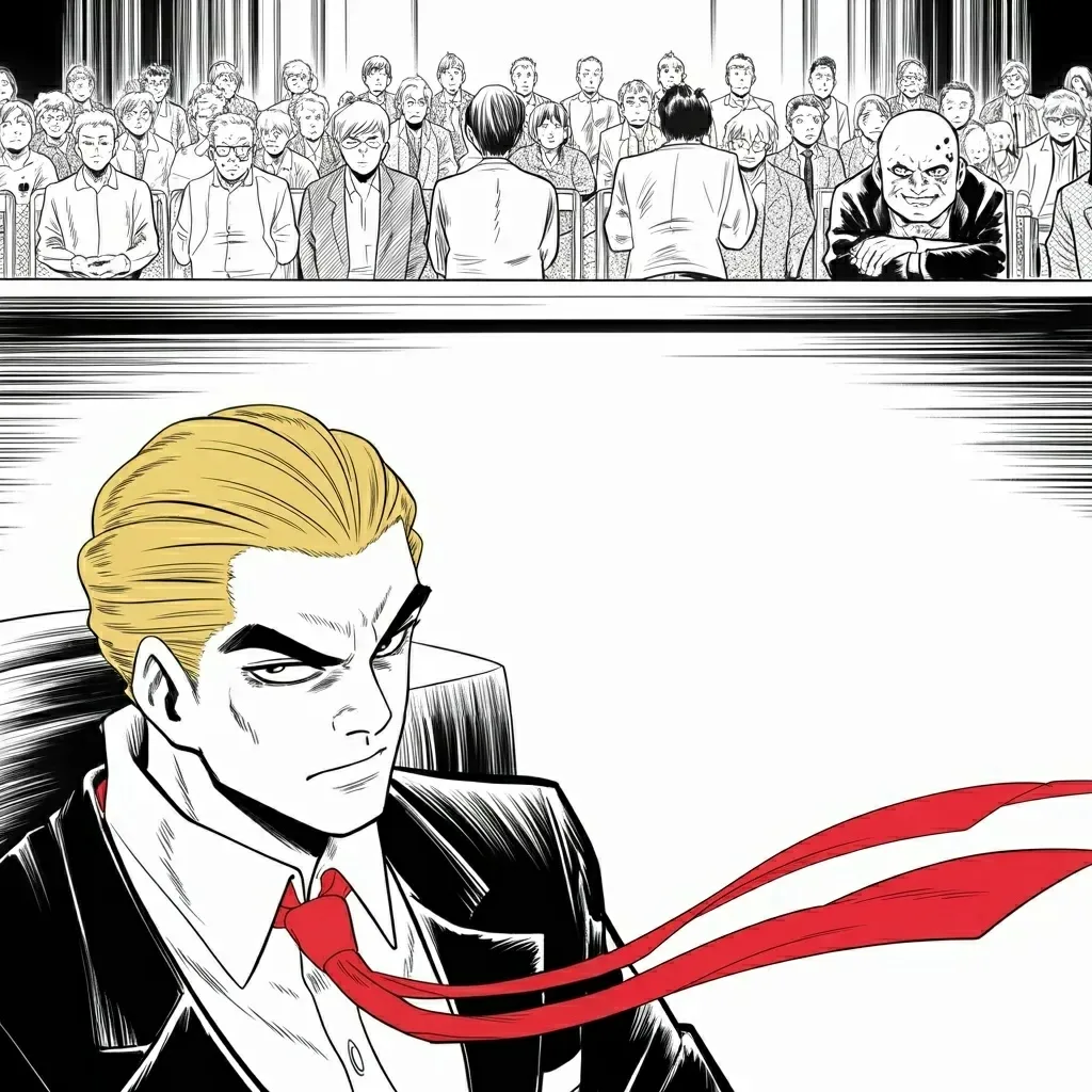 Manga panel 2 of 5, Week 465 “The Witness”: Between sessions he scans the gallery, finds an old cable enemy in the press rows, and files the pettiest dispatch of the trial.