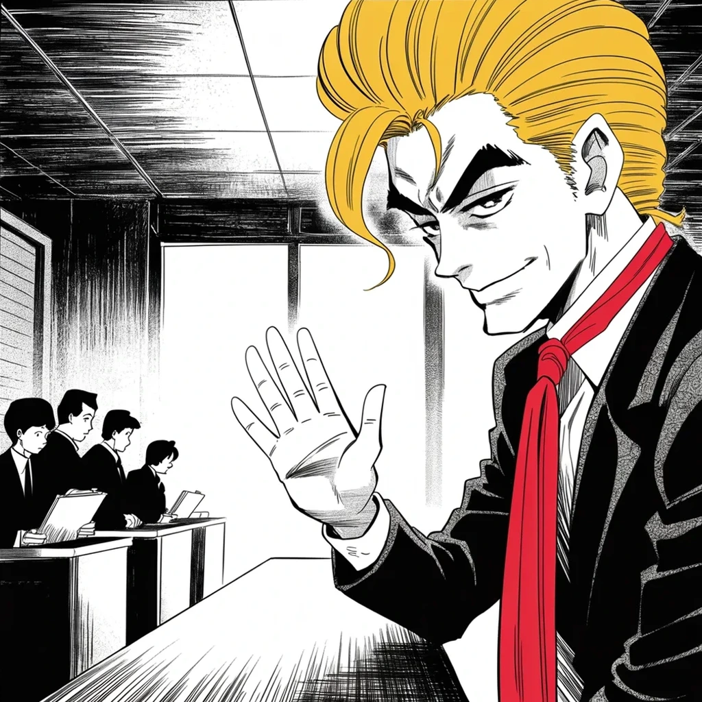 Manga panel 4 of 5, Week 465 “The Witness”: One flat wave of the hand before lunch and the running-mate short list is a name shorter — he wishes her well.