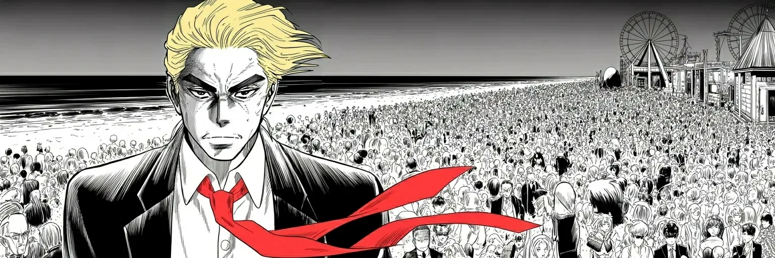 Manga panel 5 of 5, Week 465 “The Witness”: Dusk at the Jersey shore and the sand disappears under tens of thousands: the courtroom's answer is the biggest crowd of the campaign.
