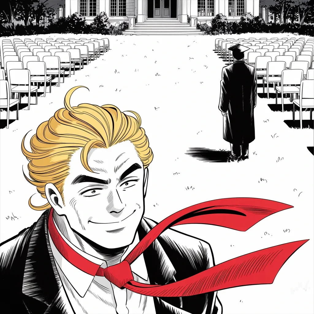 Manga panel 3 of 5, Week 466 “The Fixer”: The court goes dark for a day and he is in a folding chair in the sun after all: his son graduates, and the trial's first grievance dissolves.