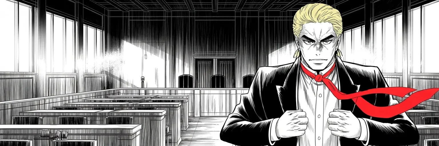 Manga panel 5 of 5, Week 466 “The Fixer”: The People rest after twenty witnesses; the defense calls two, and one of them angers the judge into clearing the room. All that is left is the arguing.
