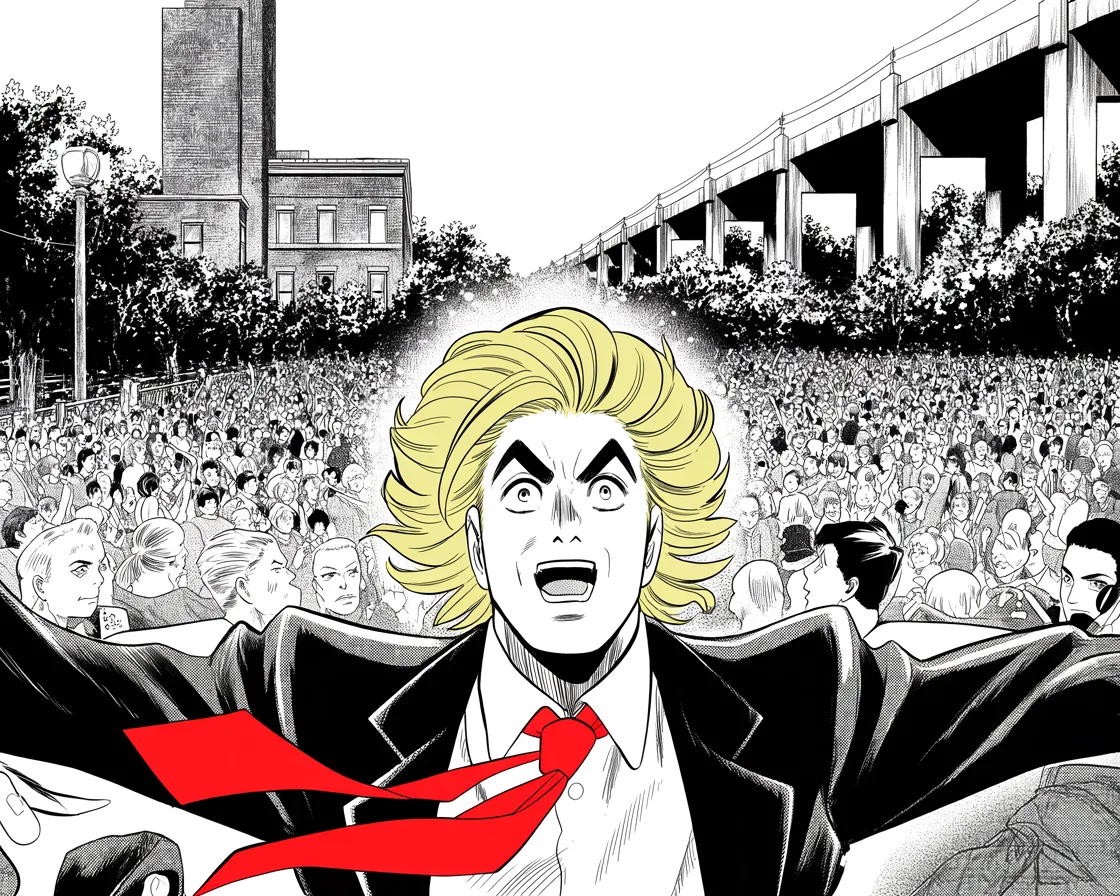 Manga panel 2 of 4, Week 467 “The Last Word”: A park in the South Bronx cheers the man the city is trying: back in the town he helped build, arms wide under the elevated tracks.