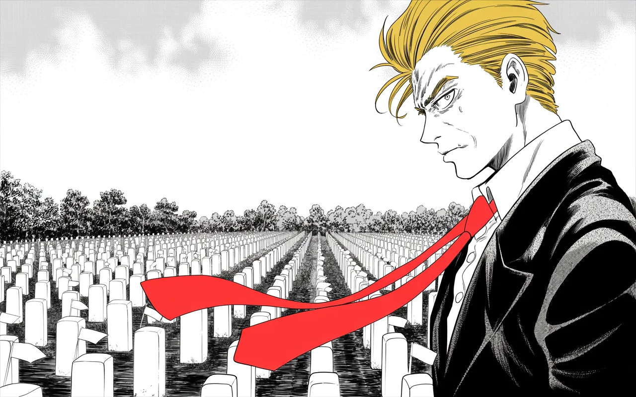 Manga panel 3 of 4, Week 467 “The Last Word”: Memorial Day among the white rows — and the holiday greeting names the human scum he means to defeat before it mentions the fallen.