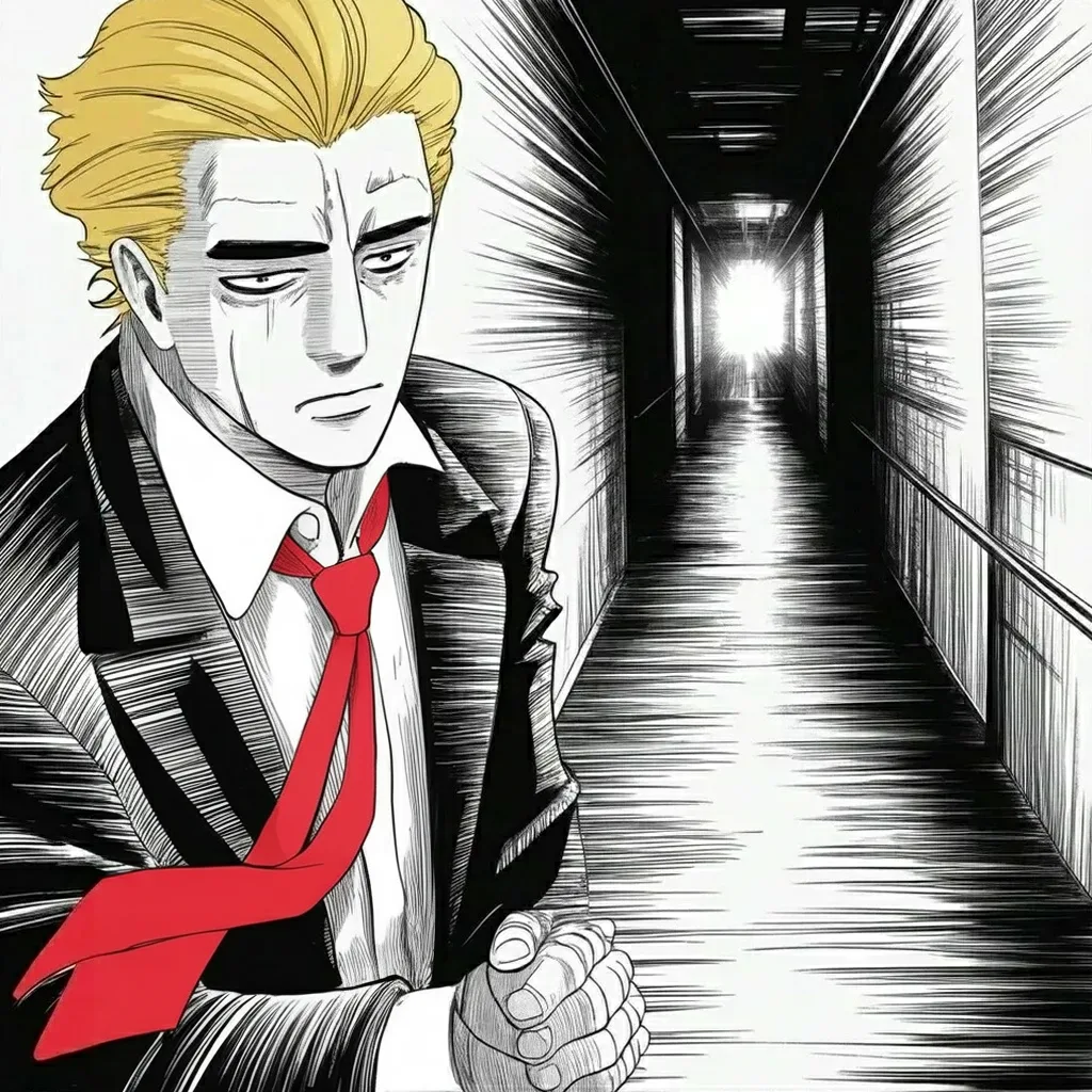 Manga panel 2 of 5, Week 468 “Guilty”: The jury has the case and the building holds its breath: standing still at the hallway camera, he says a saint could not beat these charges.