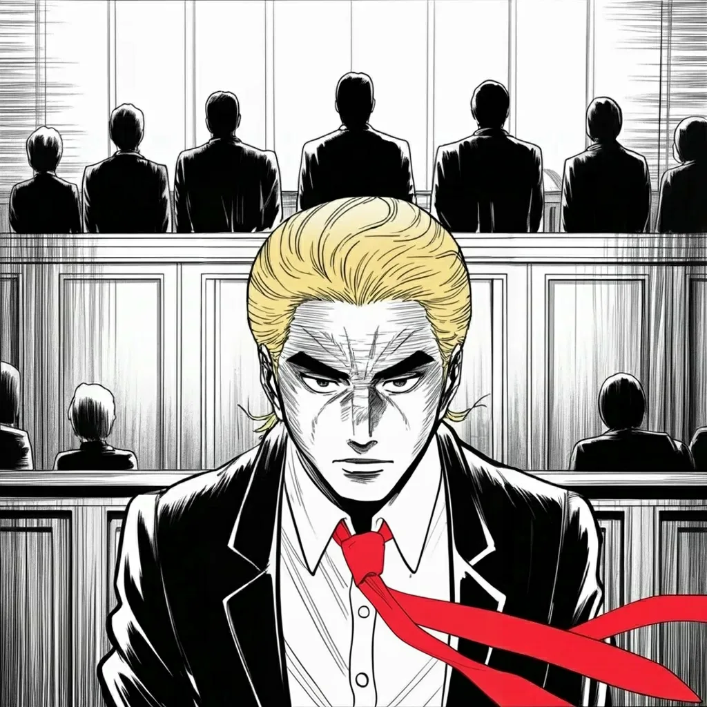 Manga panel 3 of 5, Week 468 “Guilty”: The foreman stands and says the word thirty-four times: guilty on every count — the first former president ever convicted of a crime.