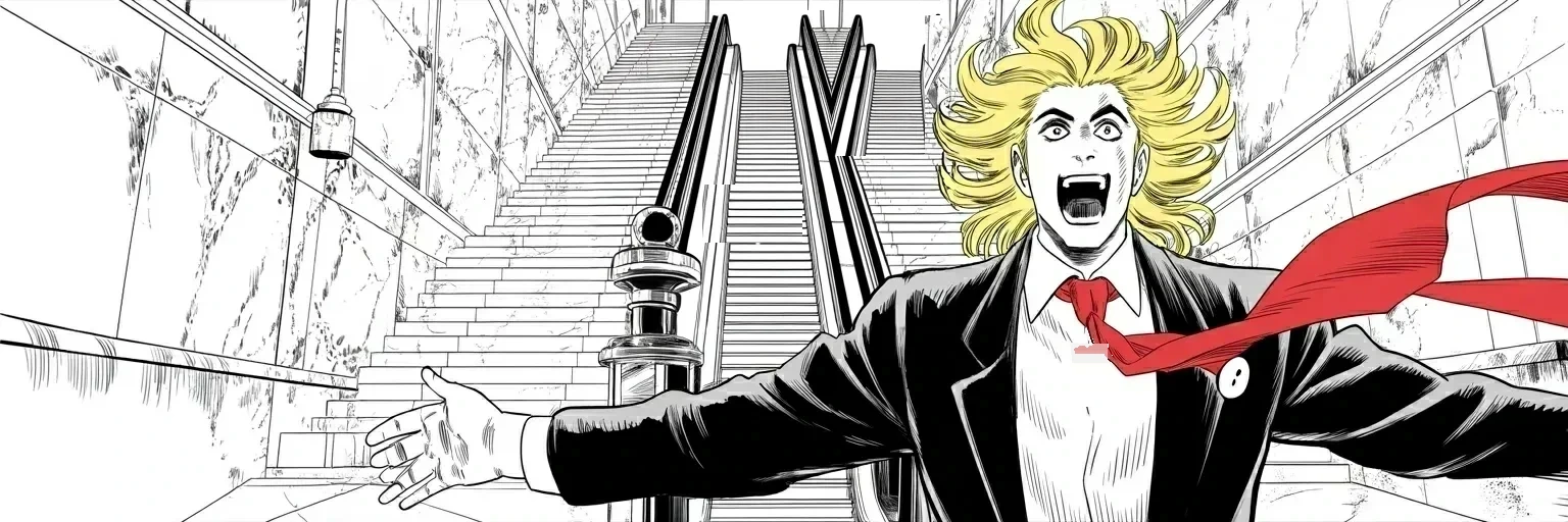 Manga panel 5 of 5, Week 468 “Guilty”: Beside the escalator he rode down nine years ago, arms wide: the political prisoner, he says, will be freed on November 5th. The nominee is a felon; the felon leads the polls.