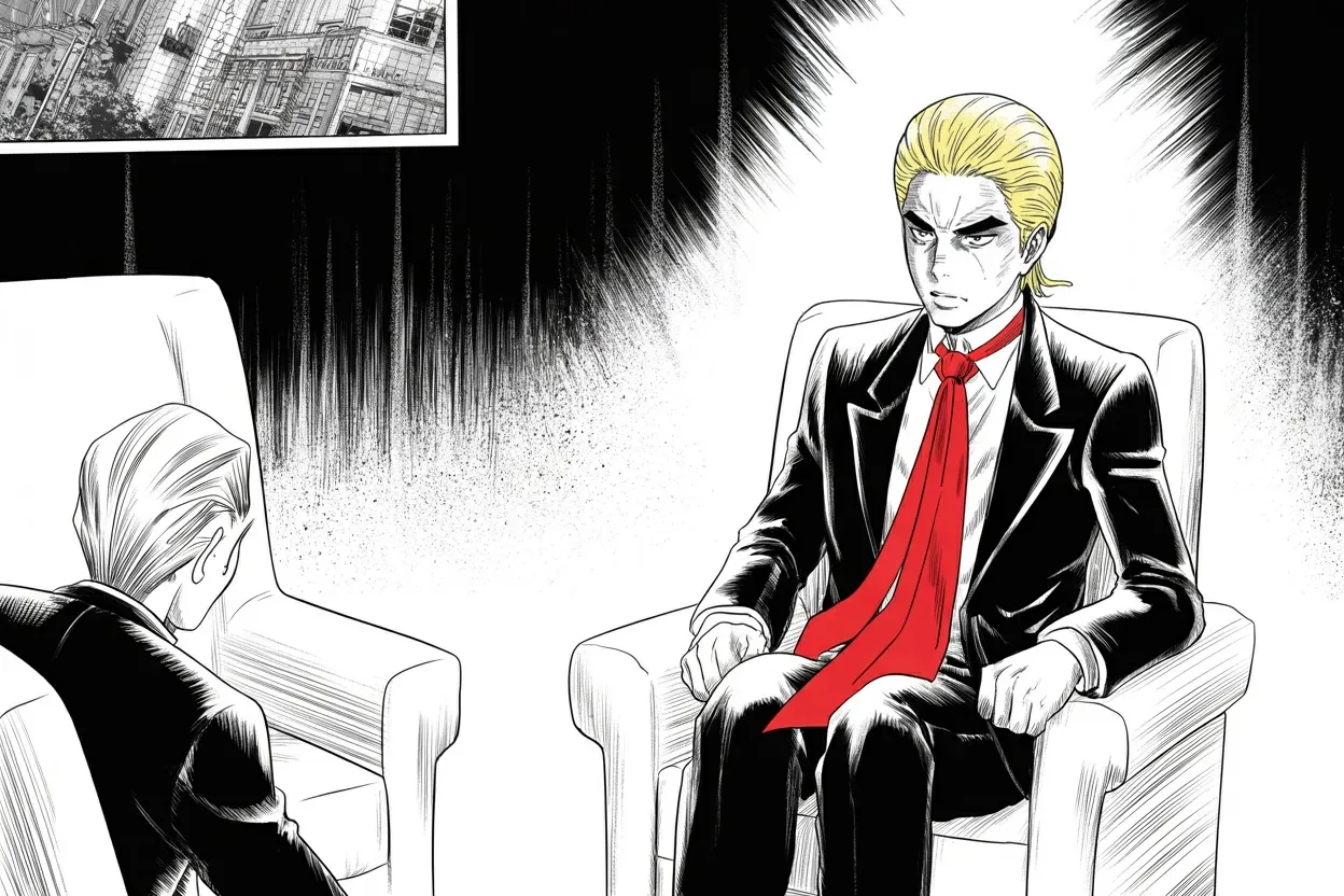 Manga panel 2 of 4, Week 469 “The Heat”: In a television studio the convicted nominee sits for a long, friendly interview — composed, unrepentant, selling the comeback.
