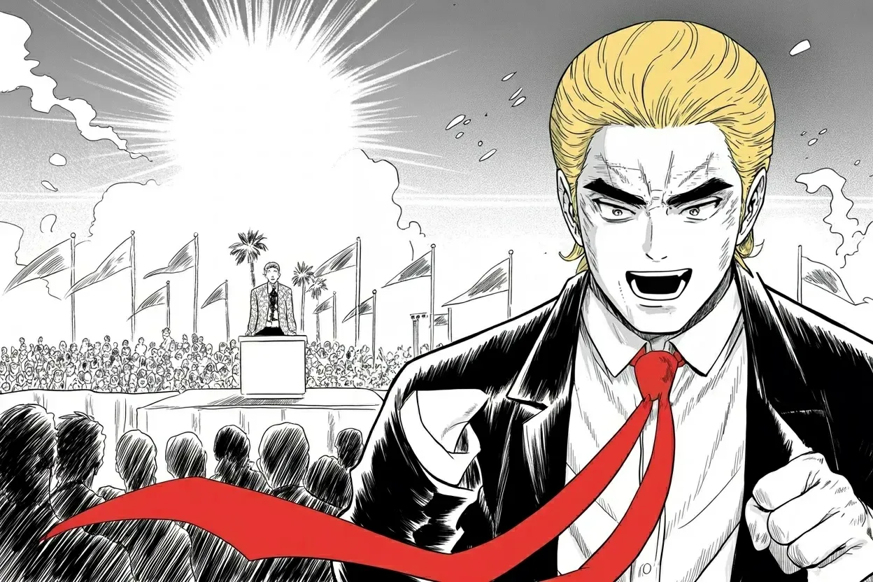 Manga panel 3 of 4, Week 469 “The Heat”: Las Vegas at a hundred and ten degrees: a desert park boils under flags while the felon-nominee shouts from a sun-blasted stage to a sea of supporters.