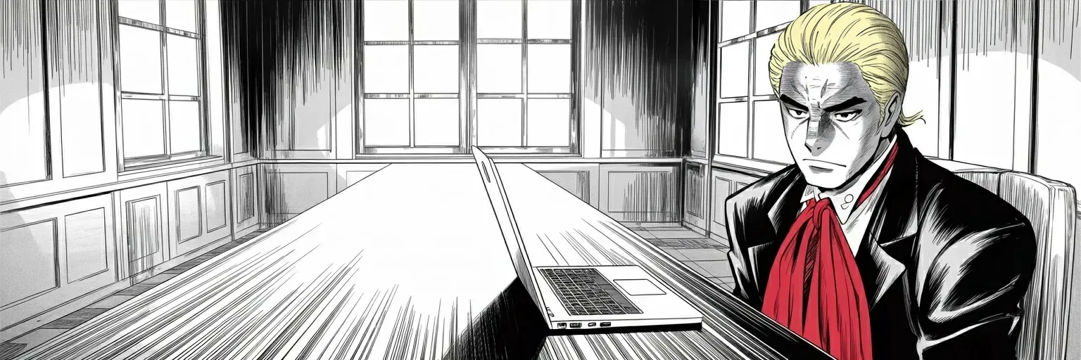 Manga panel 4 of 4, Week 469 “The Heat”: Monday, by video link from his estate: a probation officer opens the file. Name, age, conviction — the nominee, processed like any other felon.
