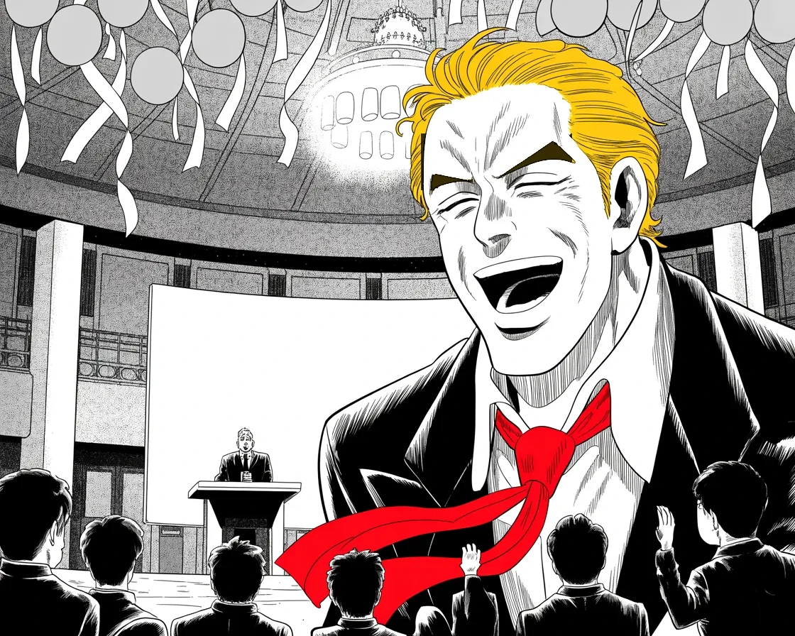 Manga panel 2 of 4, Week 470 “Seventy-Eight”: Seventy-eight years old under the balloons of a Palm Beach club ballroom — the convicted nominee laughs like a man who believes the year belongs to him.