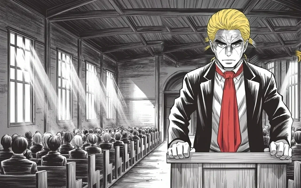 Manga panel 3 of 4, Week 470 “Seventy-Eight”: Saturday in Detroit, the other side's deepest city: from a plain church-hall pulpit he asks the neighborhood that never votes his way for its crown.