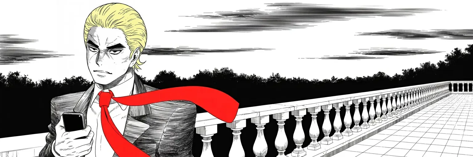 Manga panel 4 of 4, Week 470 “Seventy-Eight”: Sunday dusk on the terrace: reading reports of miscounted island primaries, he growls about fair elections — and the stage in Atlanta is ten days out.