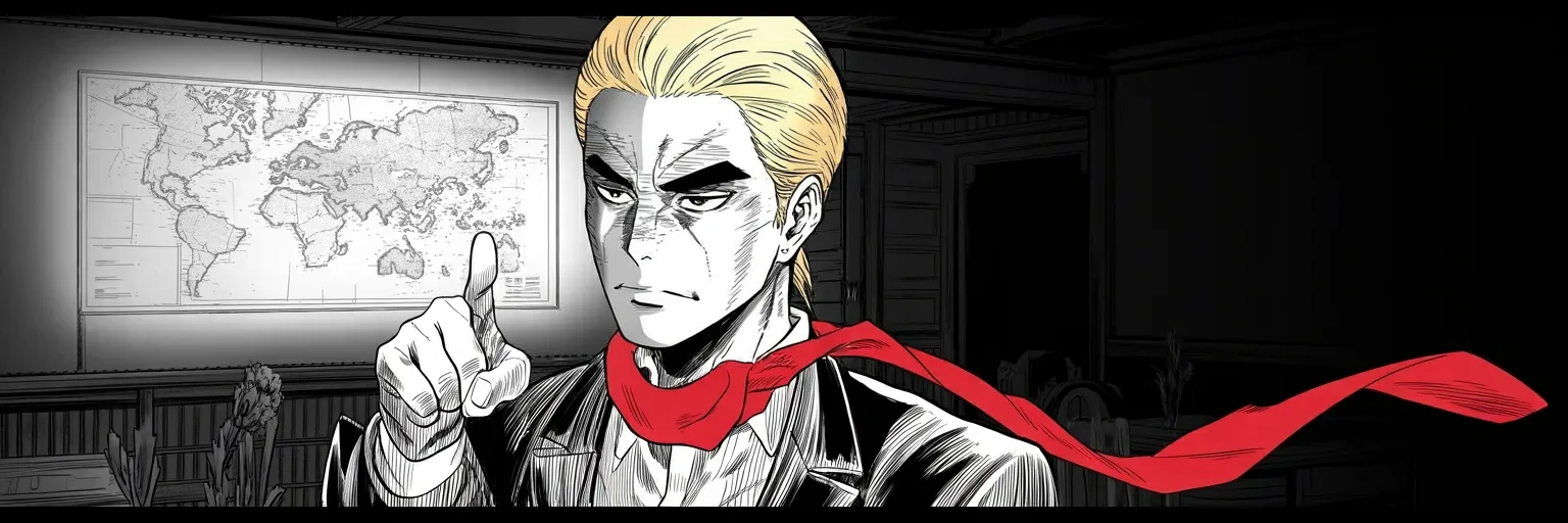 Manga panel 2 of 3, Week 471 “The Big Stage”: In a dark war room lit by television glow he jabs at the screen: he is looking forward to Thursday's debate — and the third challenger is waved away from the arena.