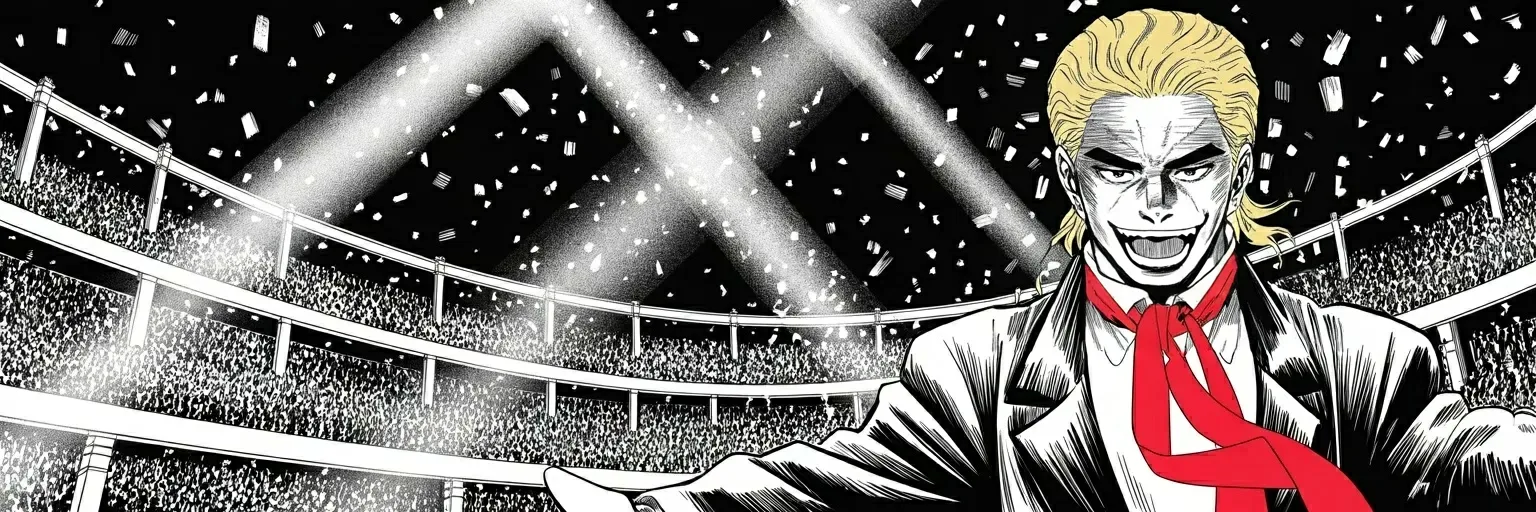 Manga panel 3 of 3, Week 471 “The Big Stage”: Saturday night Philadelphia roars for him in the other side's second city — and by Monday his own doctor-congressman demands the rival be tested before the duel.
