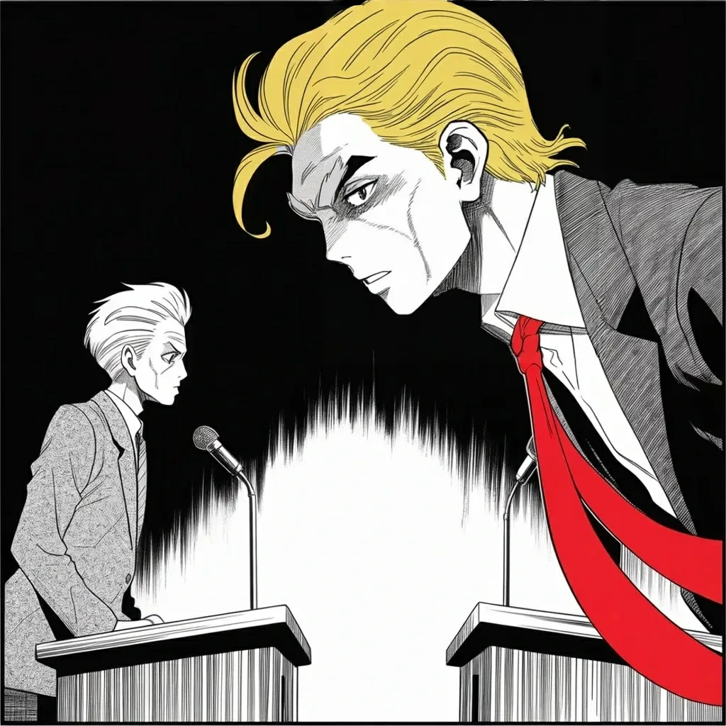 Manga panel 2 of 5, Week 472 “Ninety Minutes”: Ninety minutes under the lights: he stands iron-still at his podium while across the stage the rival president bows over the lectern, sentences trailing into silence.