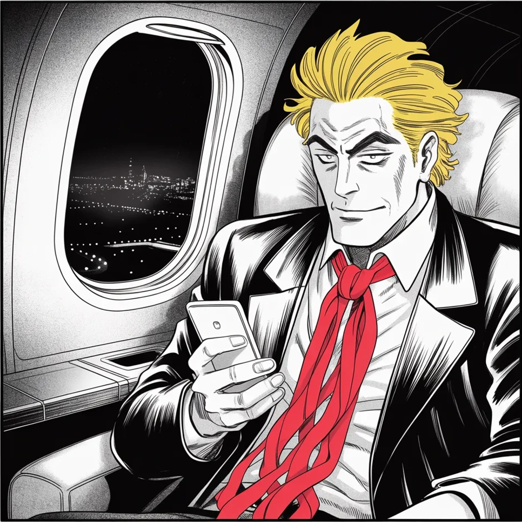 Manga panel 3 of 5, Week 472 “Ninety Minutes”: Past midnight, flying home: the phone glows up into a slow smirk as the first congratulations land — the greatest debate win anyone can remember.