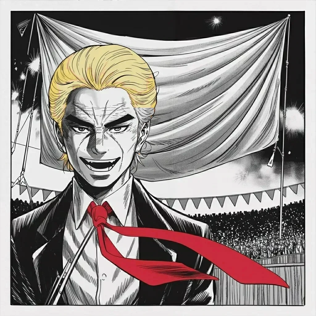 Manga panel 4 of 5, Week 472 “Ninety Minutes”: The victory lap begins in Virginia while the other kingdom wakes to open panic — its own newspapers asking whether the old king can go on.