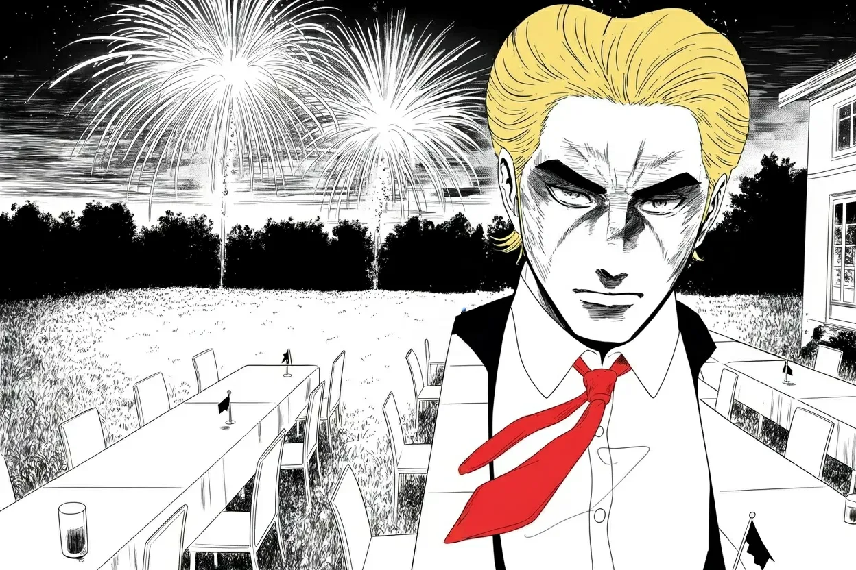 Manga panel 2 of 4, Week 473 “No Holds Barred”: Fireworks over the estate on the Fourth: he raises a glass and offers the holiday's respects — to the choker, and to the laughing understudy he already sees coming.