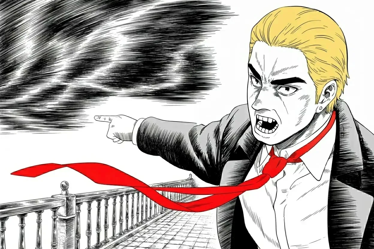 Manga panel 3 of 4, Week 473 “No Holds Barred”: That evening he hurls the gauntlet across the storm: another debate, no referees, no notes — just the two of them alone on a bare stage.