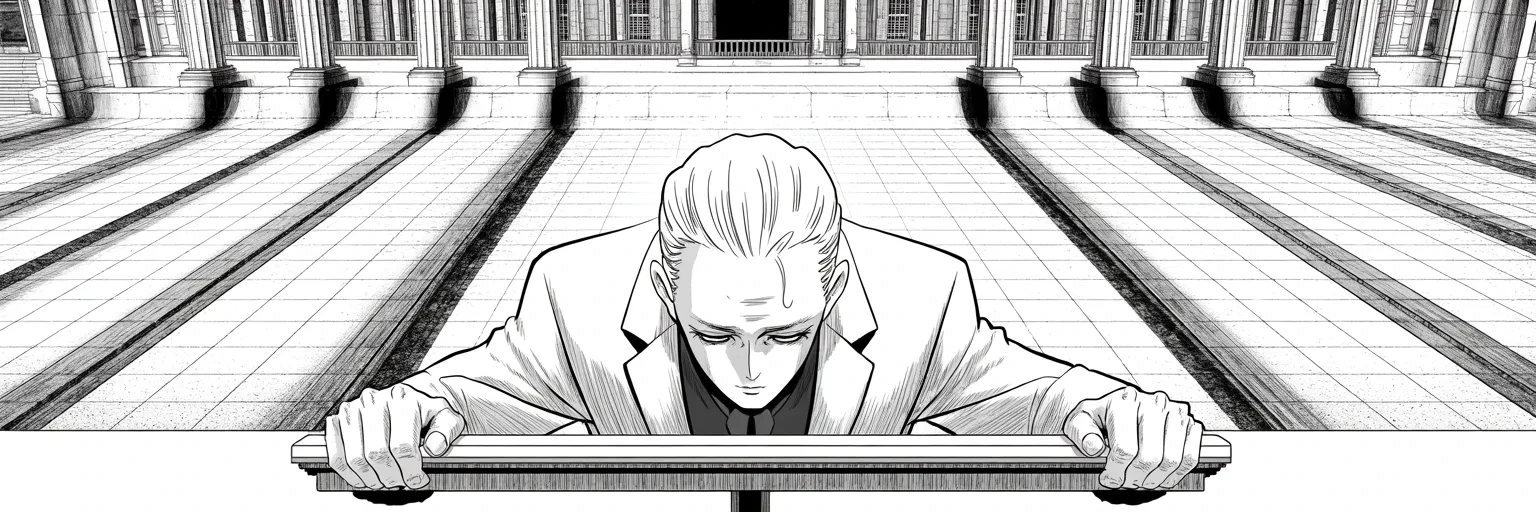 Manga panel 4 of 4, Week 473 “No Holds Barred”: In the other camp the letters pile up at the old king's door — step aside, step aside — and the small figure at the lectern grips it and refuses to go.
